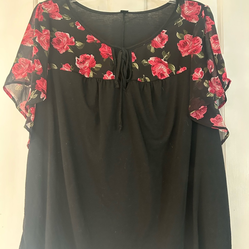 SHEIN Black Blouse with Pink Floral Design